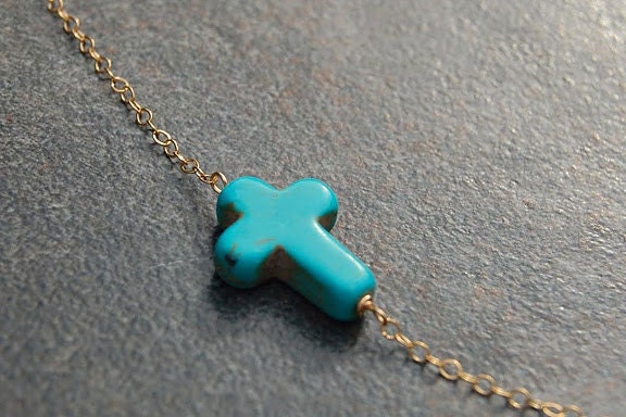 Turquoise Sideways Cross Necklace, Loving You