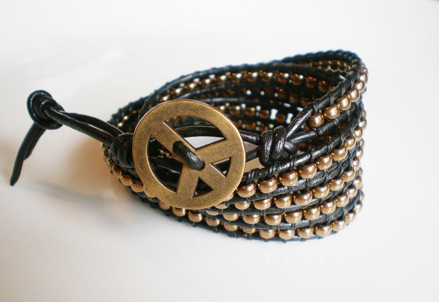 Dramatic 5 Wrap Leather Cuff Bronzed Beads Peace Sign