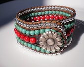 Flower Jewelry Single Leather Beaded Wrap Cuff Bracelet Turquoise Magnesite
