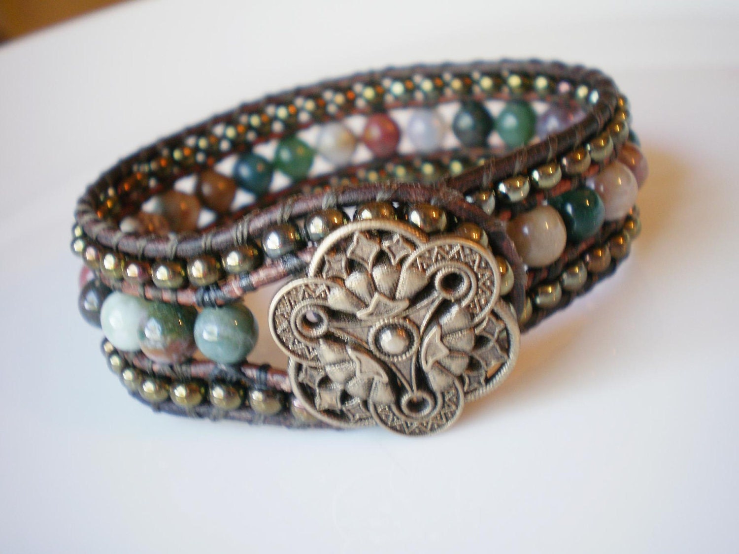 Beaded Leather Cuff Bracelet Bronzed Trefoil Button Fancy Jasper