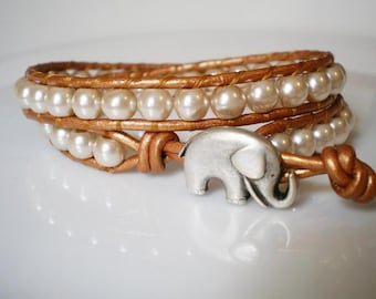 Double Wrap Bracelet Champagne Pearls Gold Leather Elephant Button