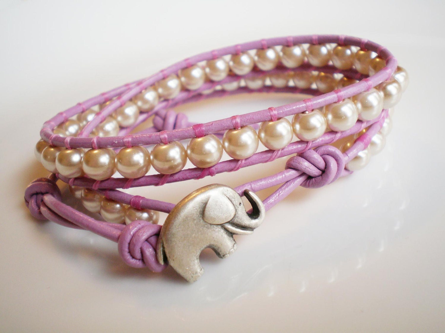 Lilac Leather Wrap Bracelet w Elephant