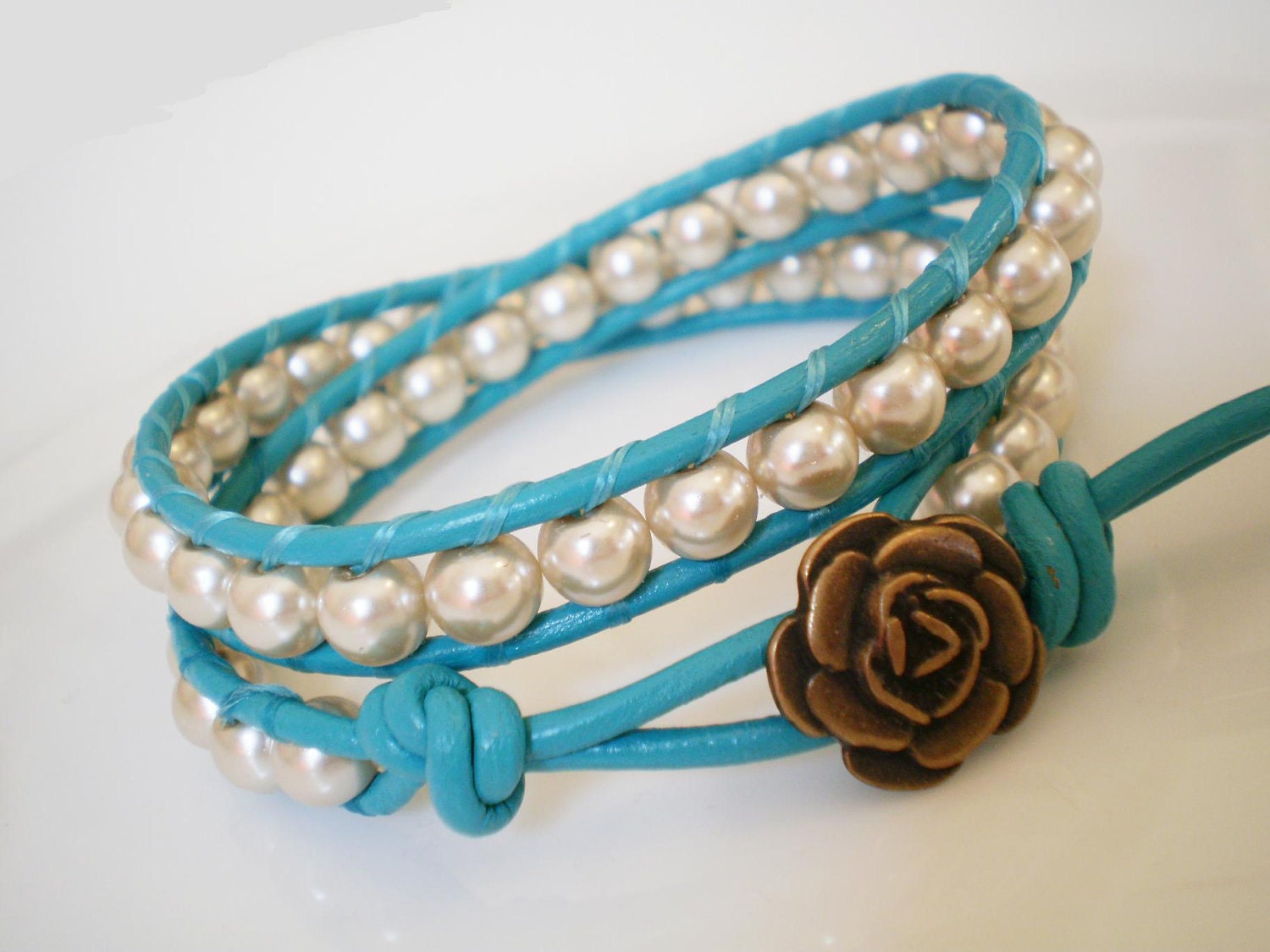 Turquoise Leather Wrap Bracelet w Champagne Faux Pearls  and Rose Button