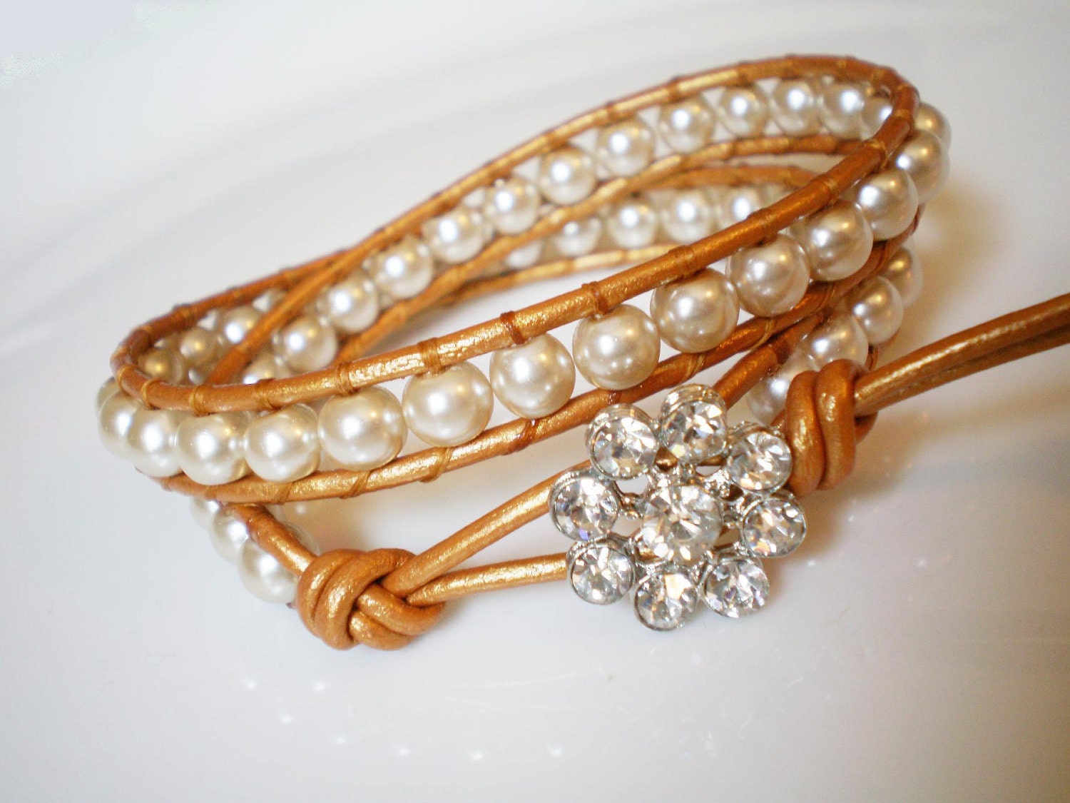 Leather Wrap Champagne Pearls Gold Leather Sparkle Button