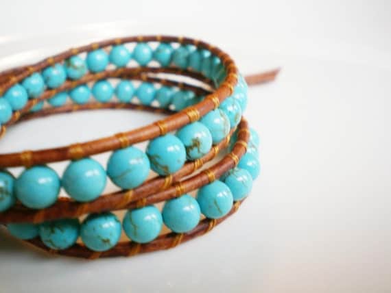 Turquoise Magnesite Double Leather Wrap Bracelet