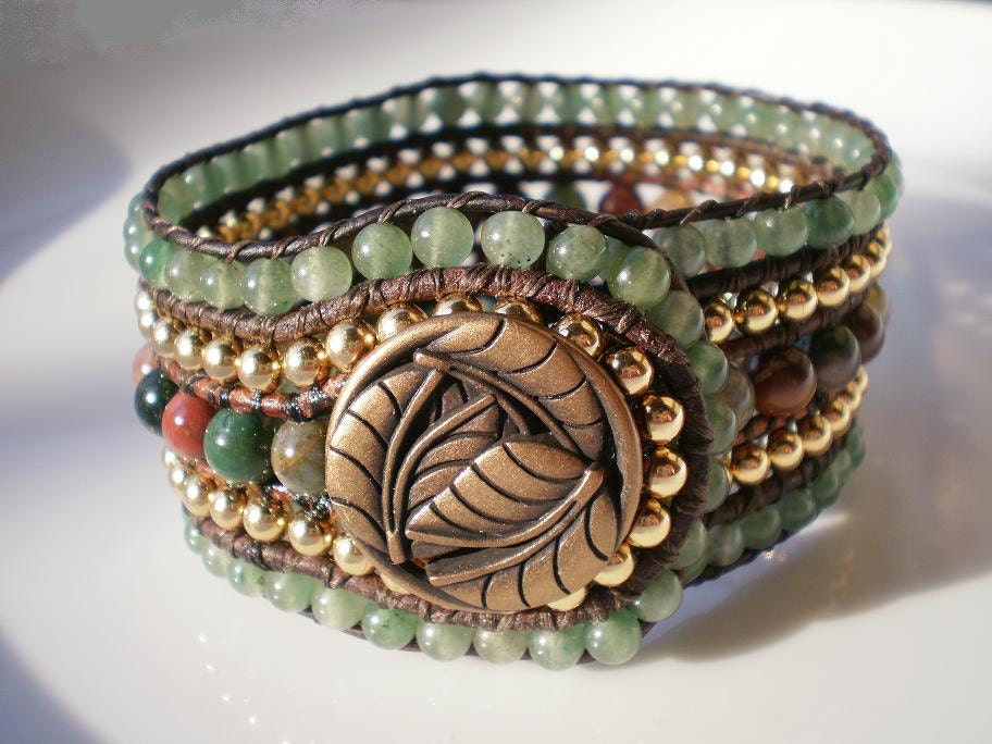 5 Row Beaded Cuff Leather Jasper Green Aventurine