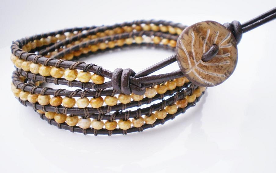 Leather Wrap Bracelet Czech Glass Beads Natural Button
