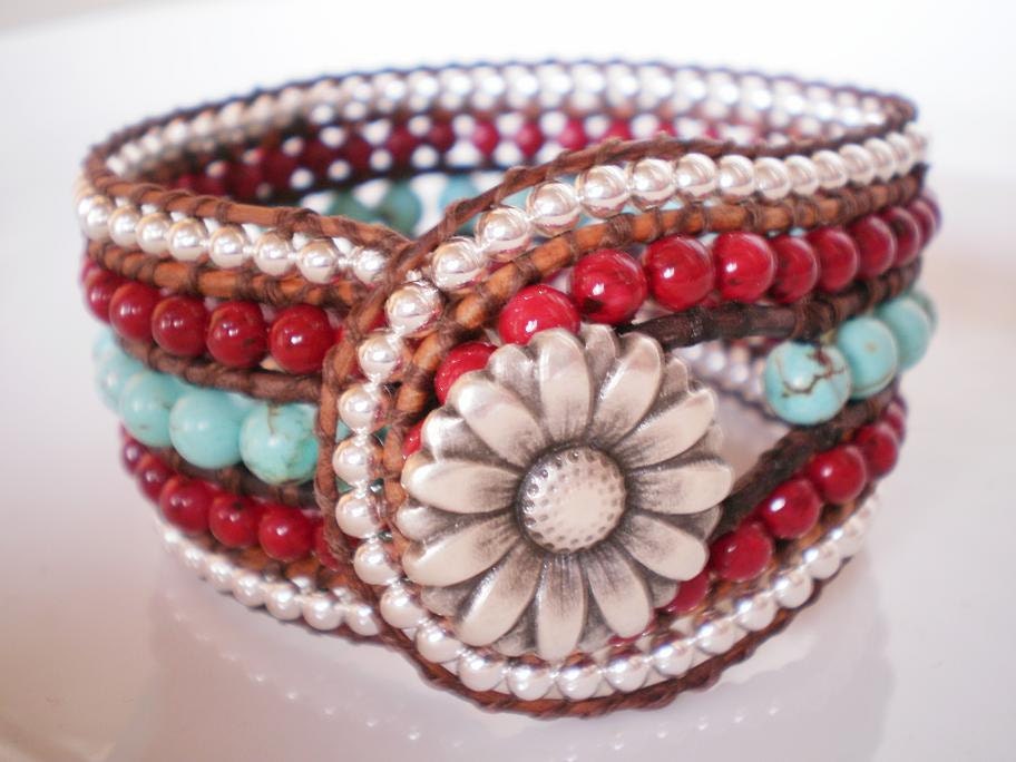 CUSTOM Big Red Beaded Leather Cuff Turquoise Mag Red Riverstone 5 Row Bracelet Five Row
