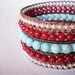 CUSTOM Big Red Beaded Leather Cuff Turquoise Mag Red Riverstone 5 Row Bracelet Five Row