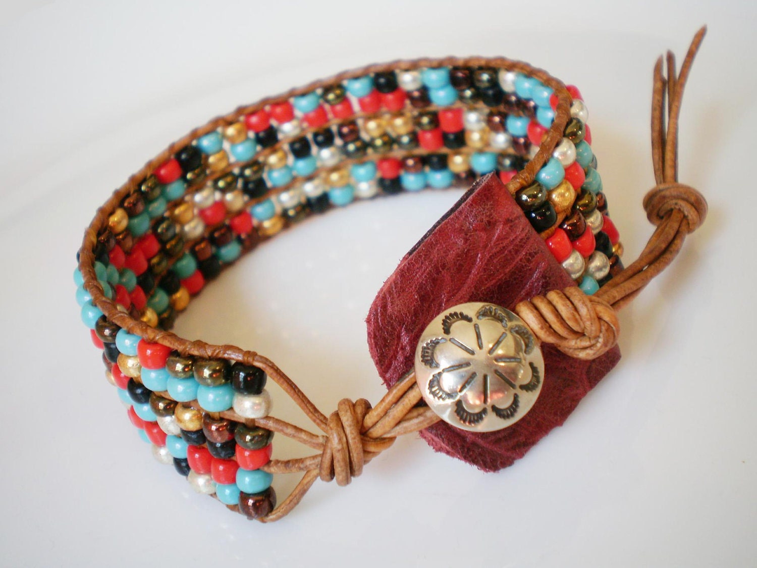 Aztec Medium Cuff Czech Glass Beads Silver Tone Concho