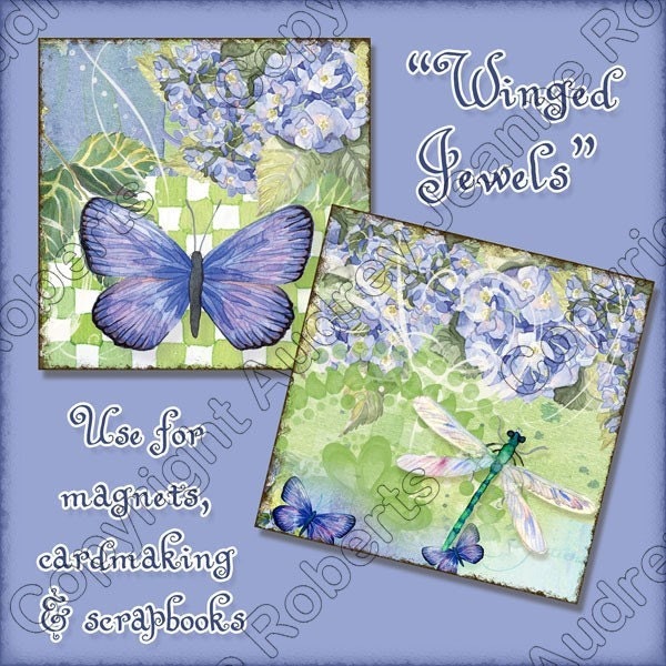 Winged Jewels 3 in square collage sheet AJR-023 hummingbird blue butterfly dragonfly dragonflies  hydrangeas pendants magnets scrapbooking