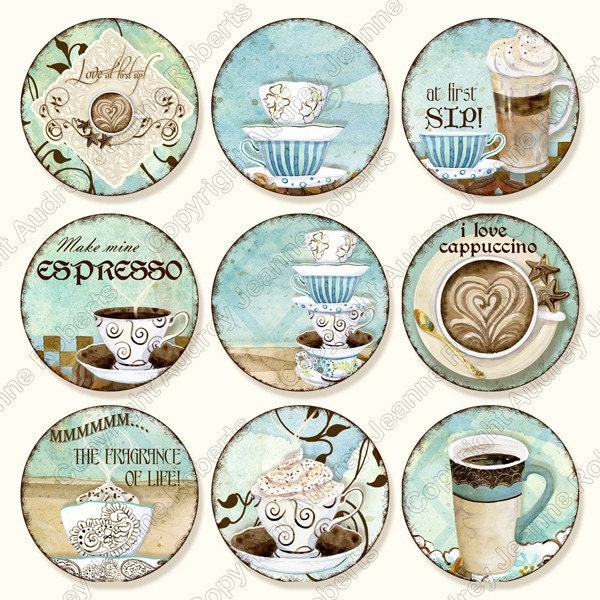 INSTANT DOWNLOAD Digital Clip Art Deja' Brew coffee art AJR-298 1 inch circle cappuccino latte mocha java blue brown cups mugs pendant