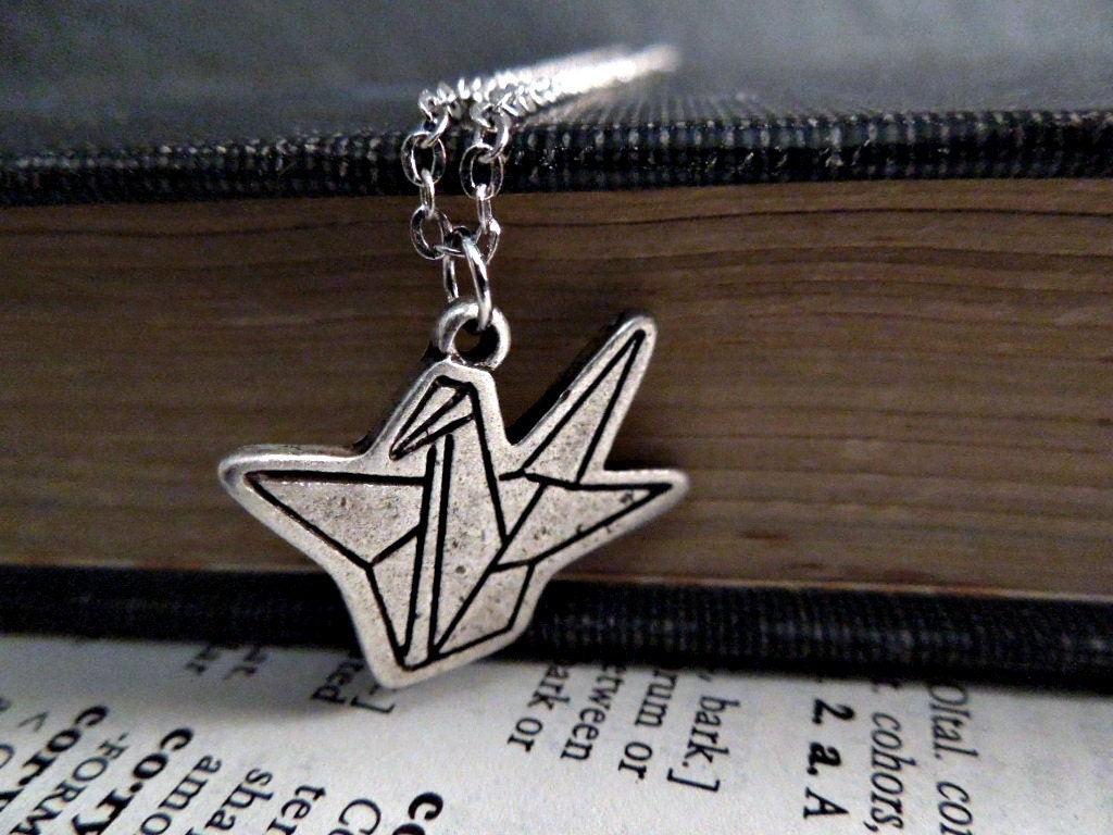 Paper Crane Necklace - Silver Pewter Origami Bird
