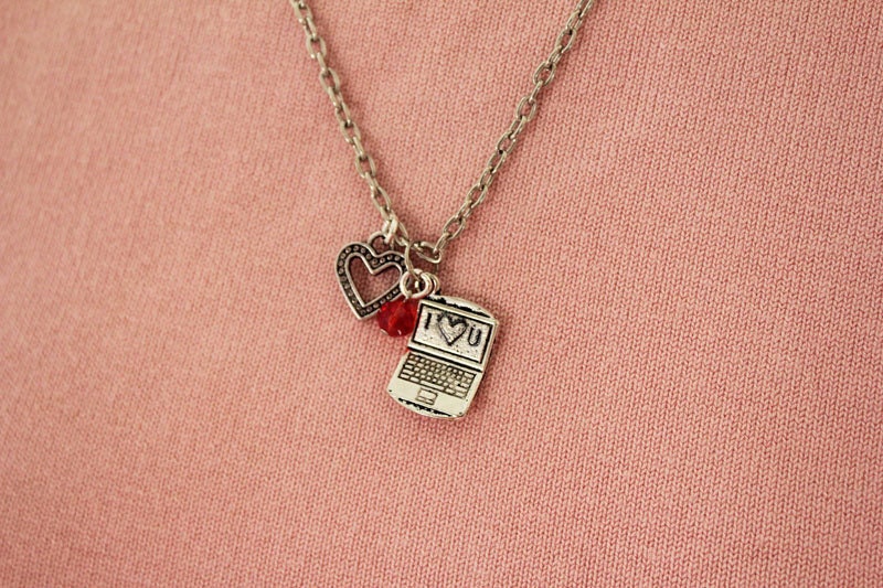 Last One Left - I Love You - Hand Stamped On A Laptop Retro Mini Little Love Heart Red Crystal Charm Pendant Silver Tone Necklace