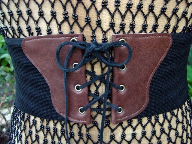 Custom handmade brown leather elastic corset cinch belt Renaissance Style