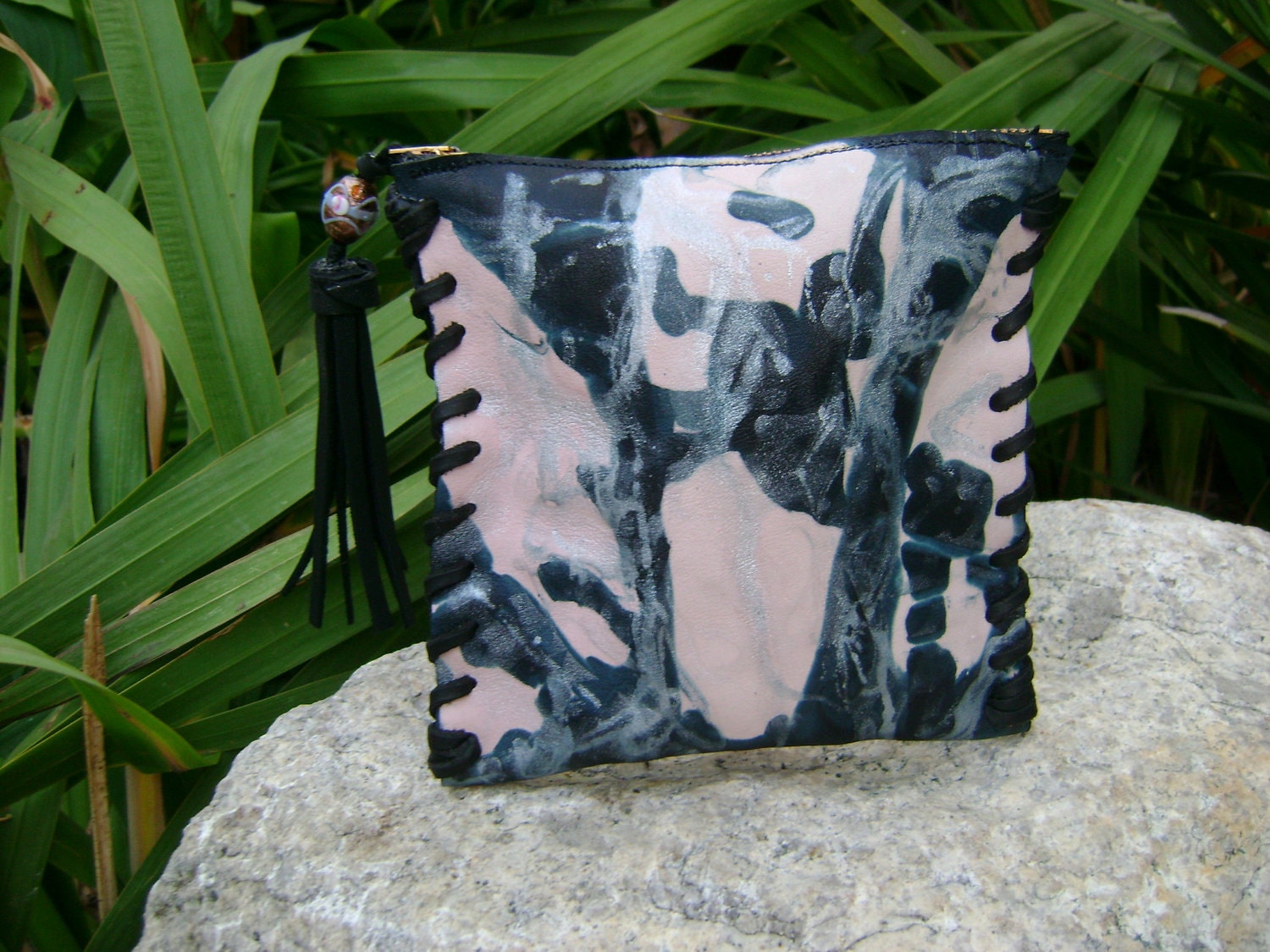 Handmade Tie Dyed Leather Clutch Coin Purse Make up Bag Purse Pouch Glass Beaded  Tassel