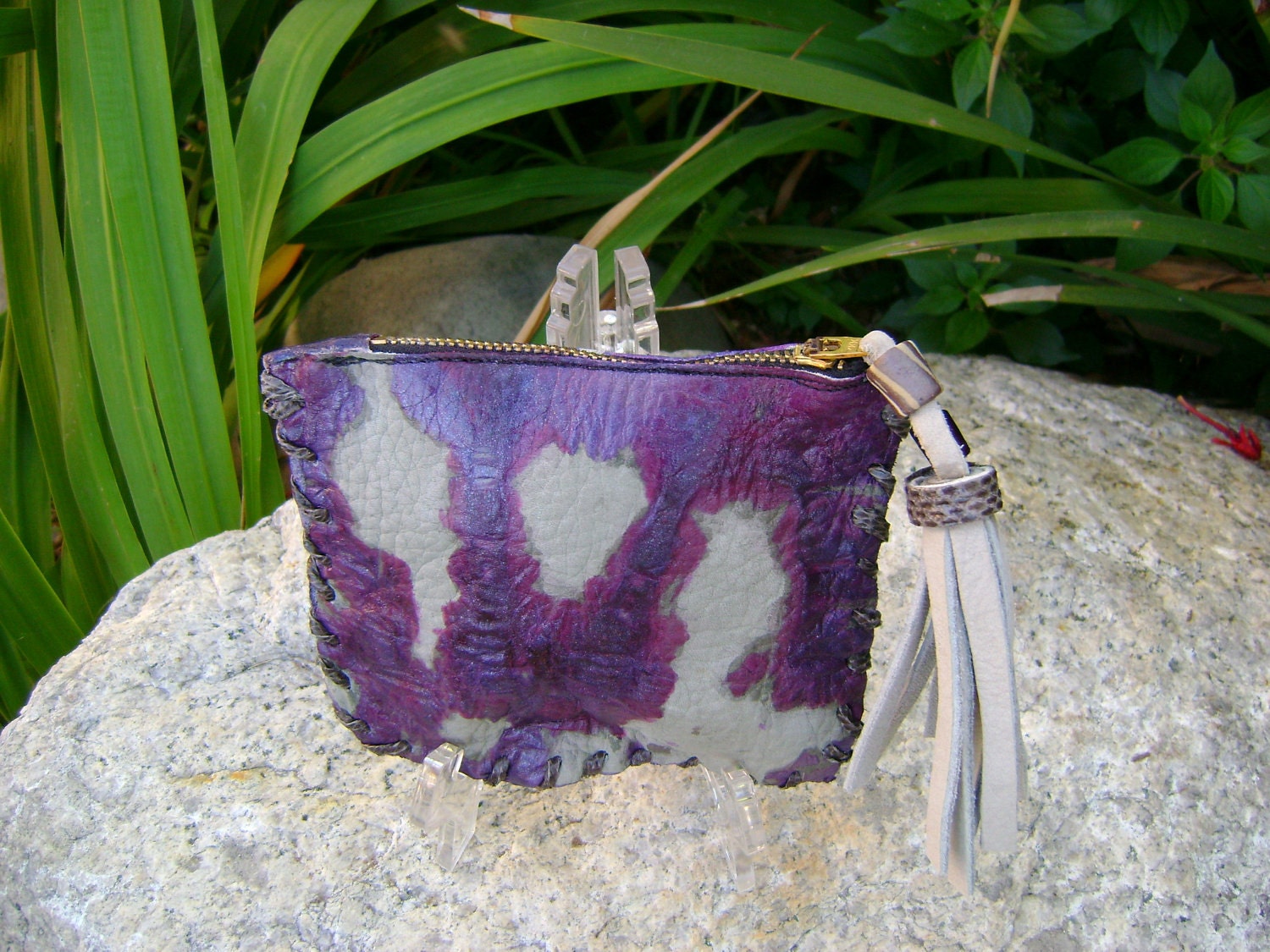 Custom Gray Purple Leather Tie Dye Clutch, Coin Purse, Pouch, Make Up Bag