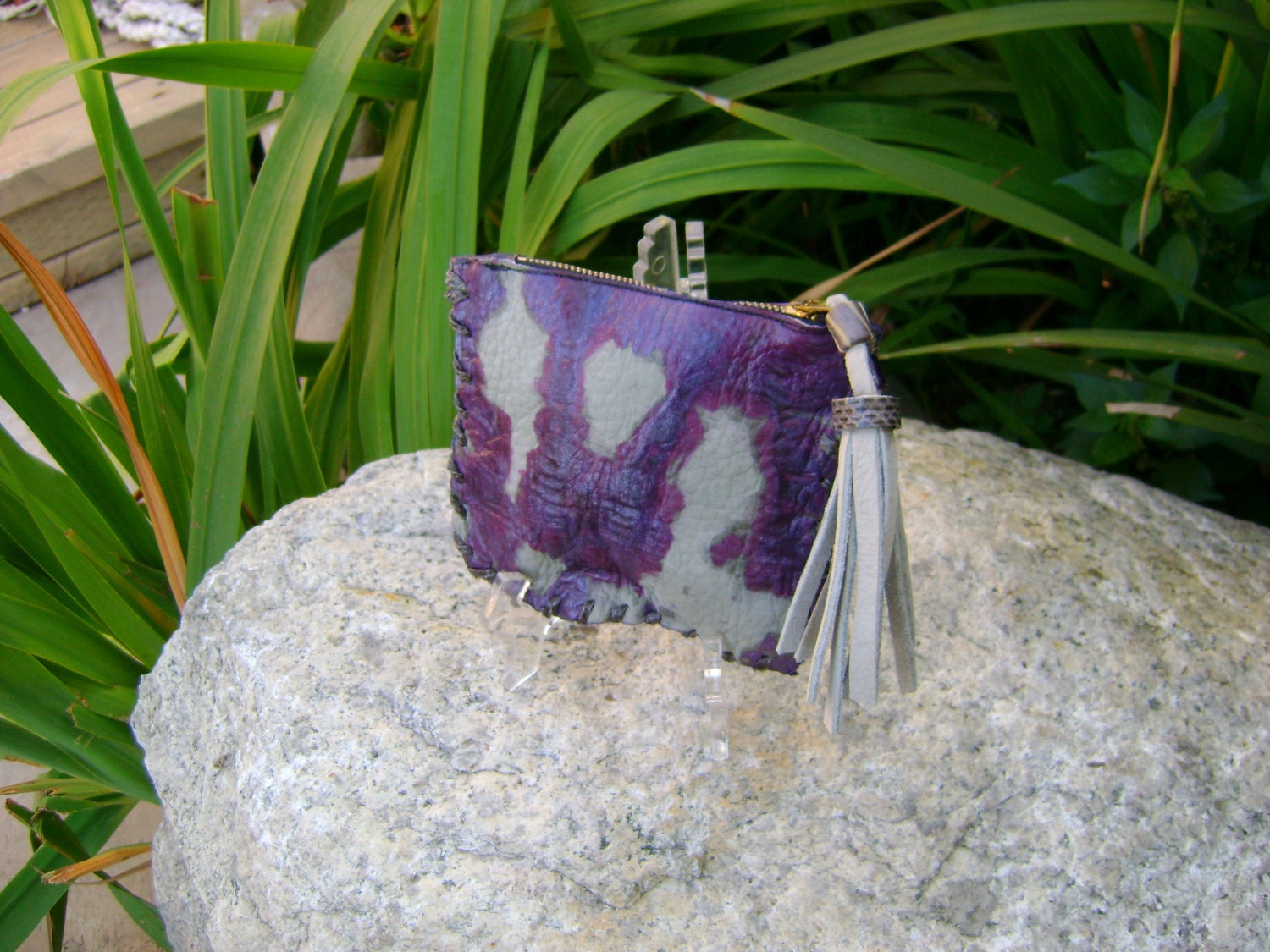 Custom Gray Purple Leather Tie Dye Clutch, Coin Purse, Pouch, Make Up Bag