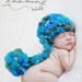 Stormy Blue Tall Tales Pom-Pom Baby Hat Hand Knit from Handspun Merino 0-3 months READY To Ship