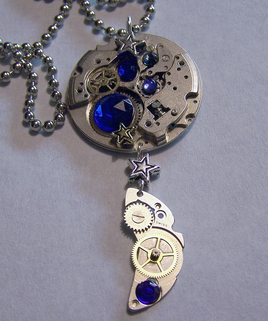 Sapphire Watch Moon Phase Pendant - Steampunk Necklace