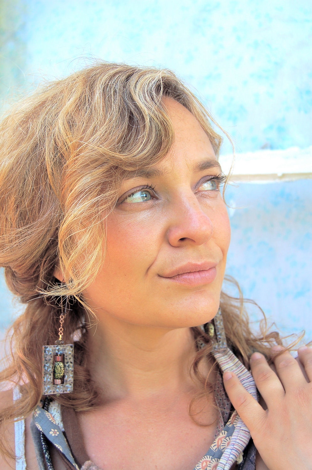 EARRINGS, artisan, mixed media, jewelry,  hand painted wood rectangular dangles , beaded, ,by Zasra
