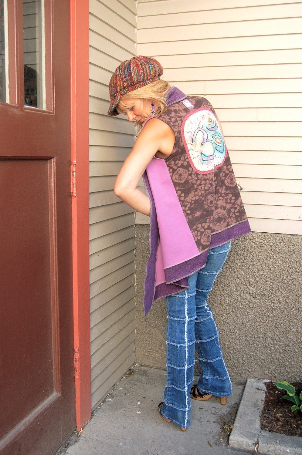 Clothing, Eco  wrap VEST,artisan, upcycled , patchwork clothing, asymmetrical, Om applique  size S-L , by Zasra