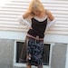 Eco boho SKIRT,cropped length, patchwork skirt, upcycled, black, brown, and gray mix, flower applique, art nouveau, size S by Zasra
