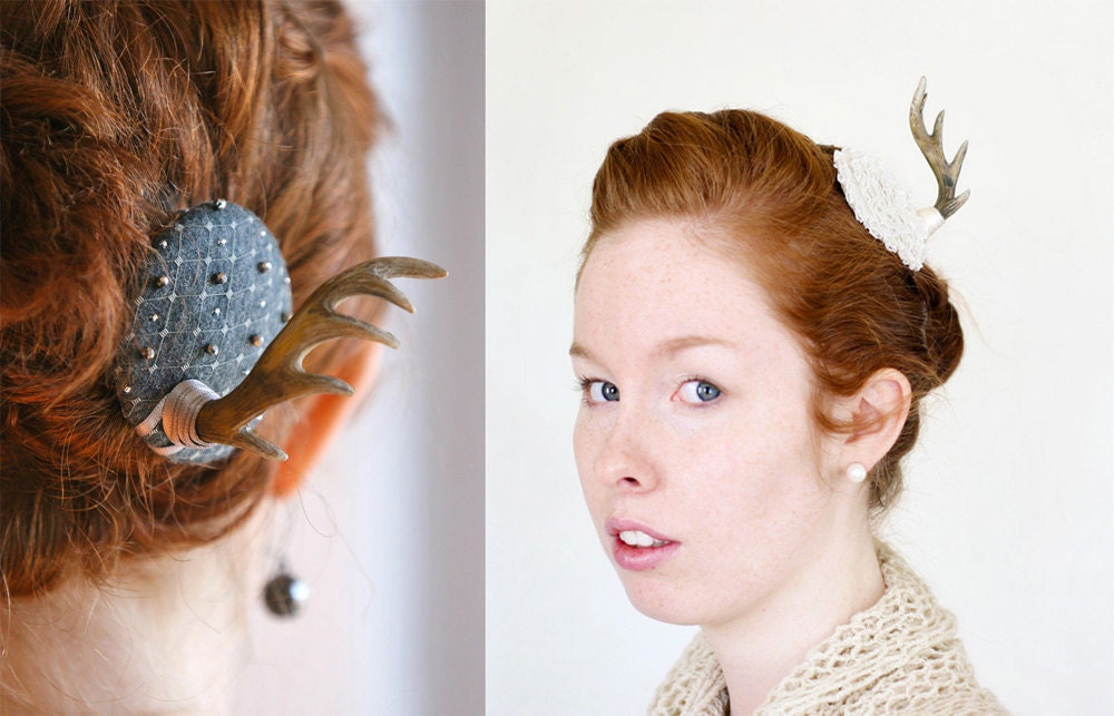 White Lace Mini Antler Masquerade Fascinator - OOAK