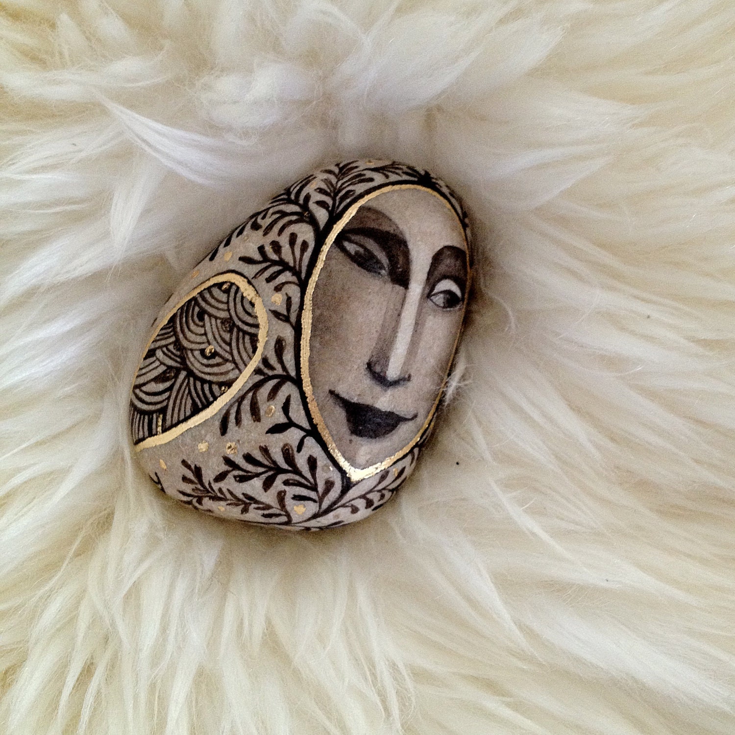 hand painted, hand gilded beach stone ORIGINAL