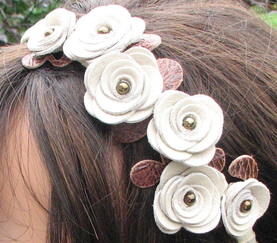 Leather Headband with Ivory Leather Roses and Brown Leaves, Prom woodland wedding 3 year anniversary gift