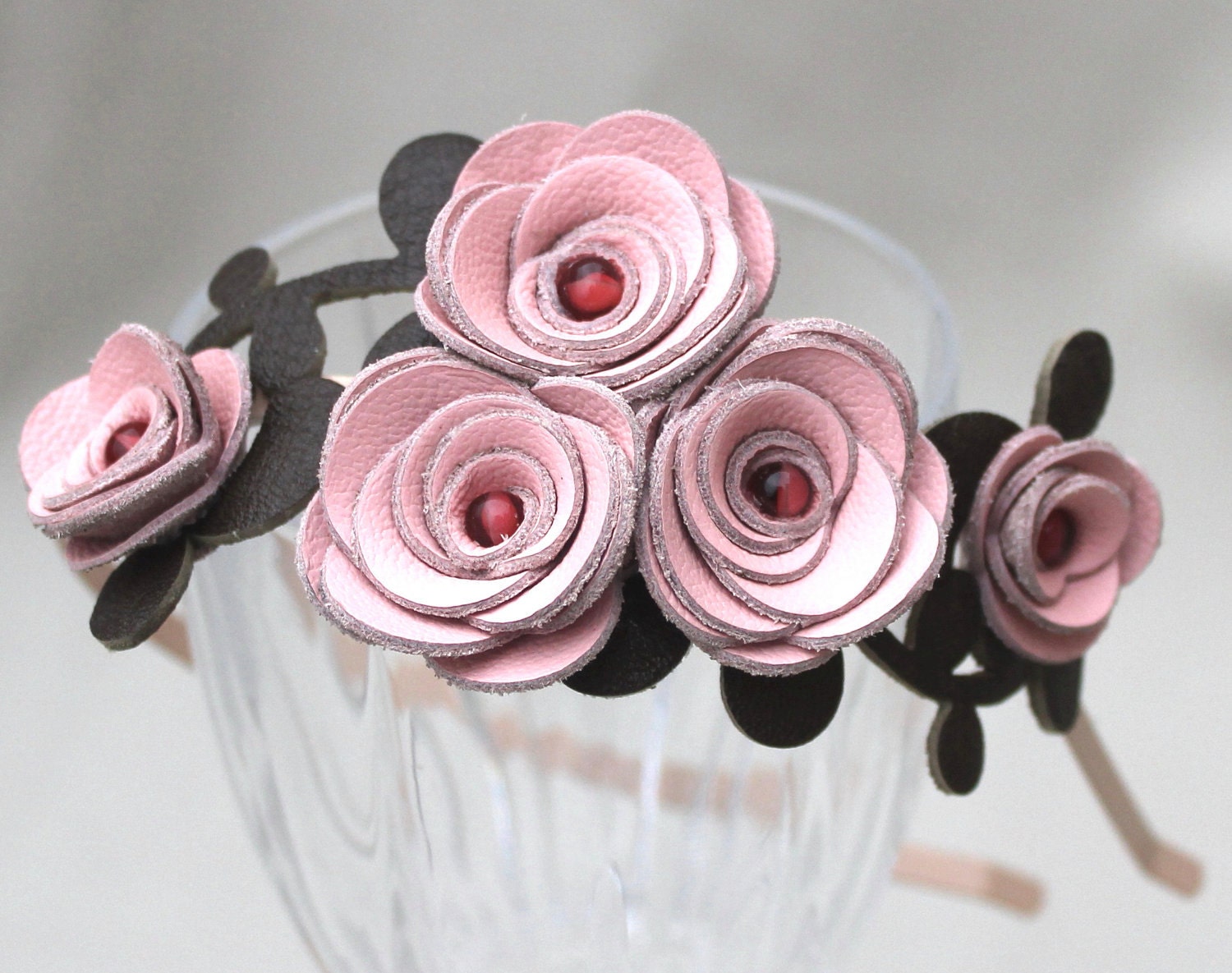 Pink leather flower headband pastel pink roses green leaves bridal hairband woodland wedding floral tiara 3 year anniversary gift