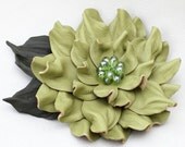Green flower pin leather brooch dahlia moss green leaves and beaded center 3 year anniversary gift