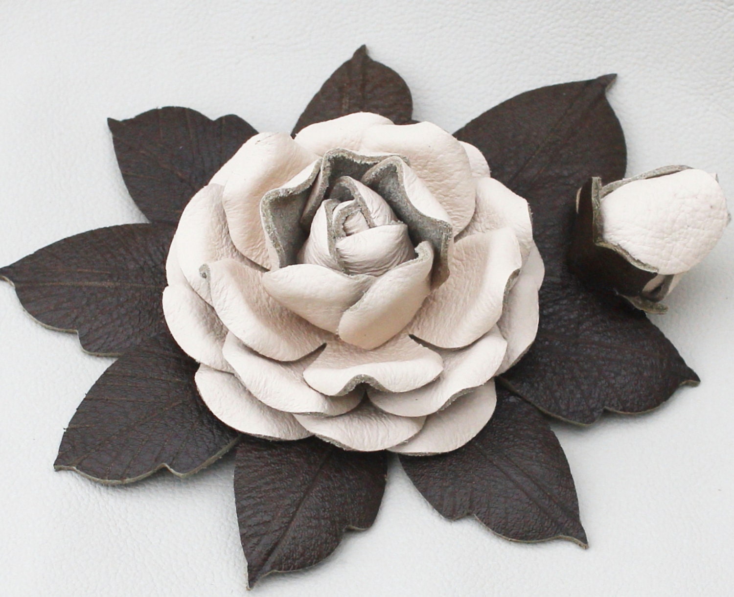 Leather flower pin cream  rose with moss green leaves woodland wedding corsage decoration floral brooch 3 year anniversary gift