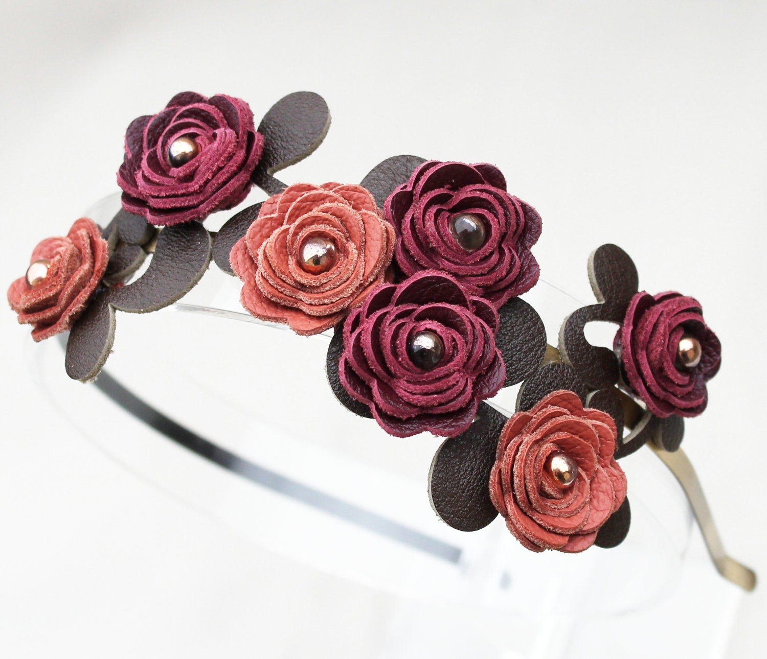 Pink burgundy flower headband leather roses green leaves garden wedding bridal hairpiece 3 year anniversary gift