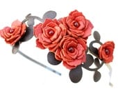 Flower headband leather burned orange gardenias green leaves bridal hairband woodland wedding hair accessory tangerine tango
