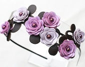 Purple flower headband leather roses green leaves on metal hairband, floral bridal tiara woodland wedding crown 3 year anniversary gift