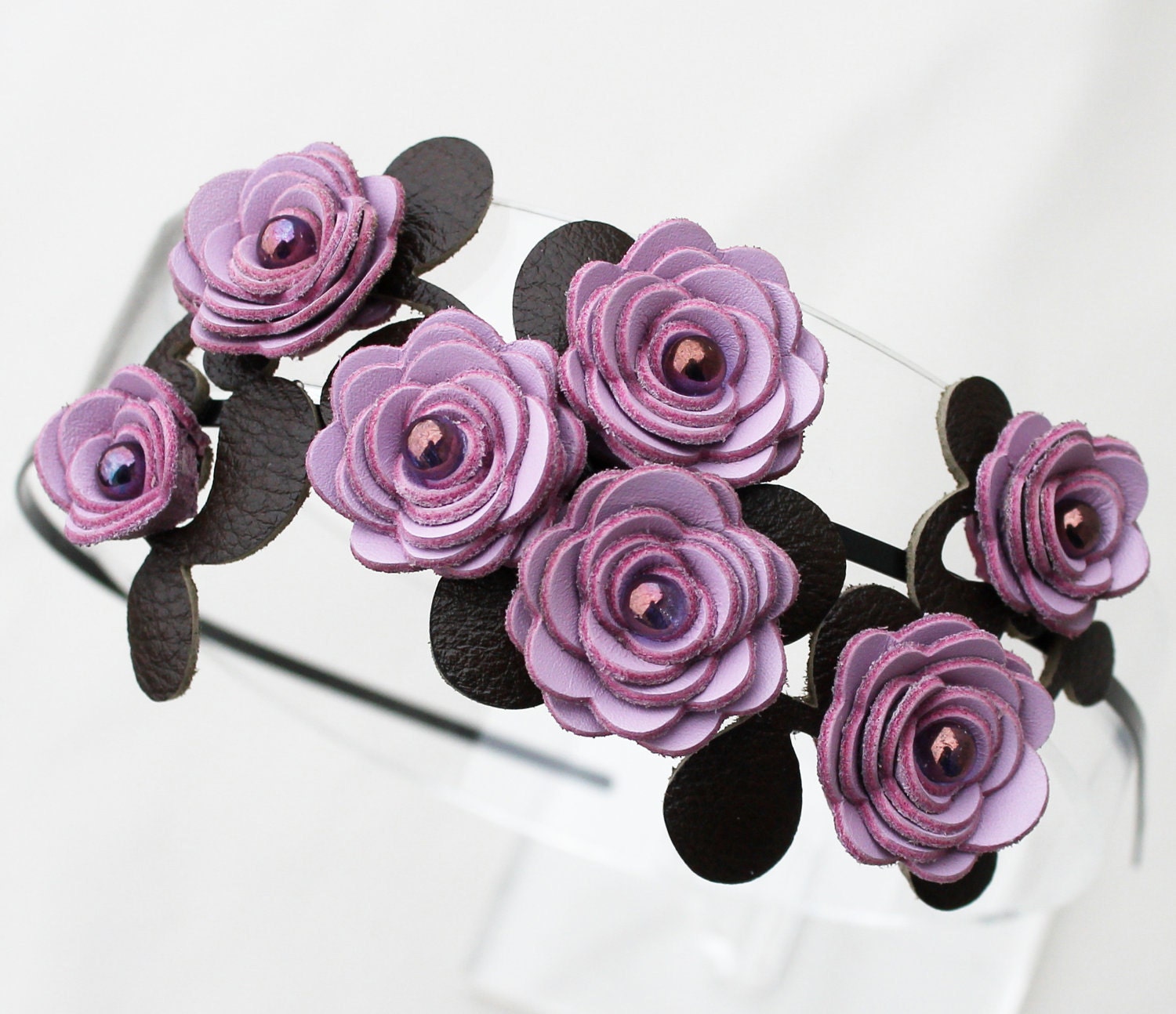 Purple flower headband leather roses green leaves on metal hairband, floral bridal tiara woodland wedding crown 3 year anniversary gift