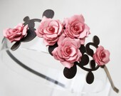 Pink flower headband leather gardenias green leaves bridal hairband woodland wedding floral hairpiece 3 year anniversary gift