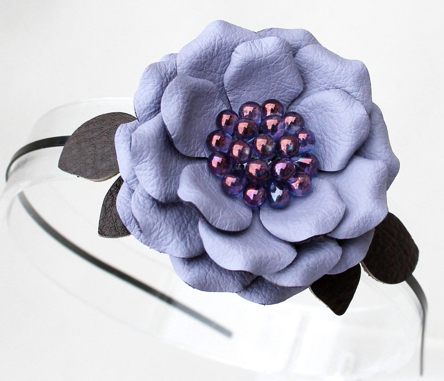 Periwinkle flower headband fascinator leather rose green leaves woodland wedding bridal hairpiece 3 year anniversary gift