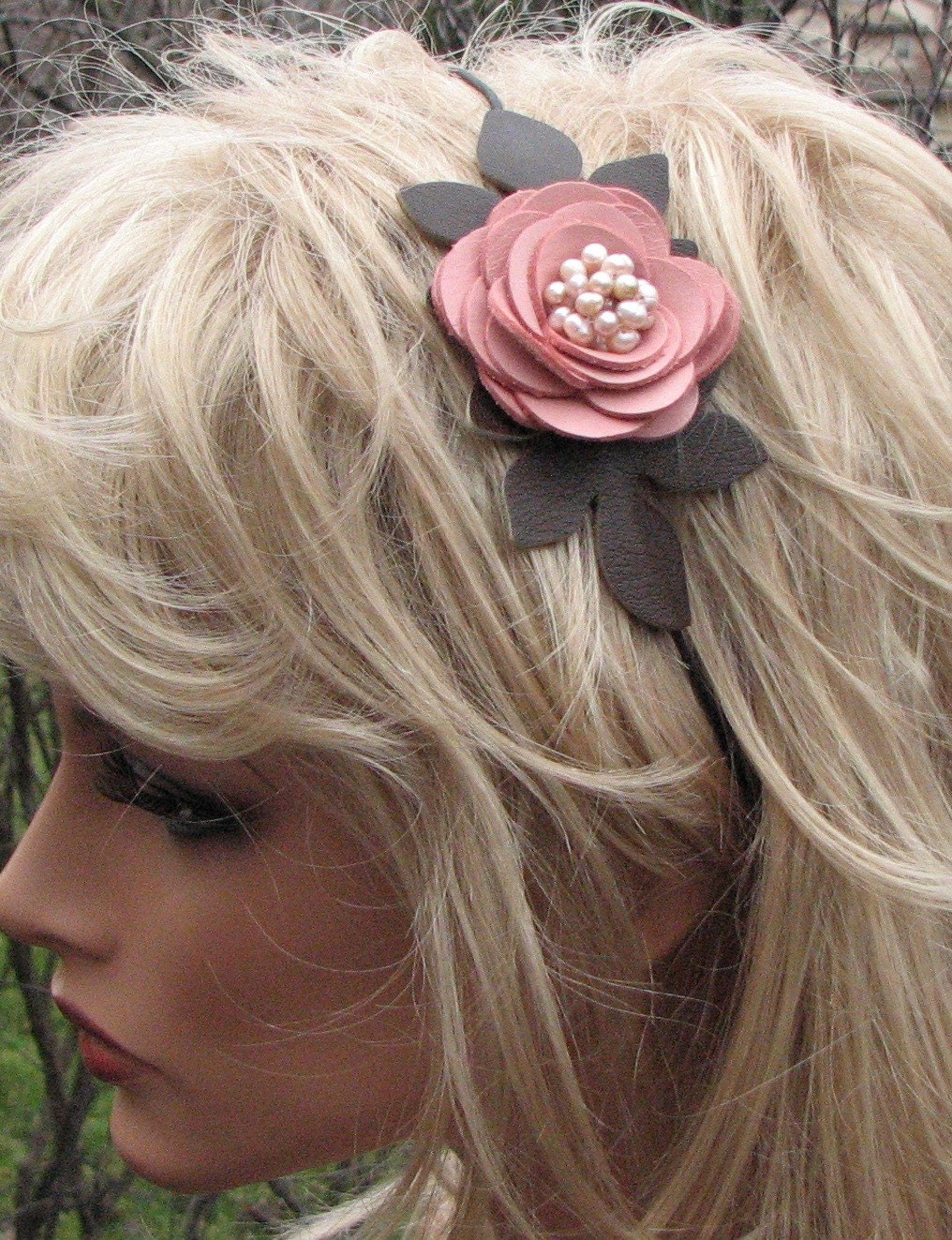 Flower leather necklace choker, honeysuckle pink rose, moss green leaves, pearl center on black leather cord 3 year anniversary gift