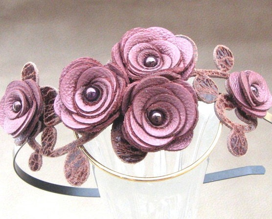 Leather flower headband, lilac purple roses brown leaves on metal hairband, floral wedding tiara, reserved for ShaLayne