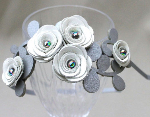 White flower wedding headband leather roses silver leaves bridal tiara woodland wedding hairband