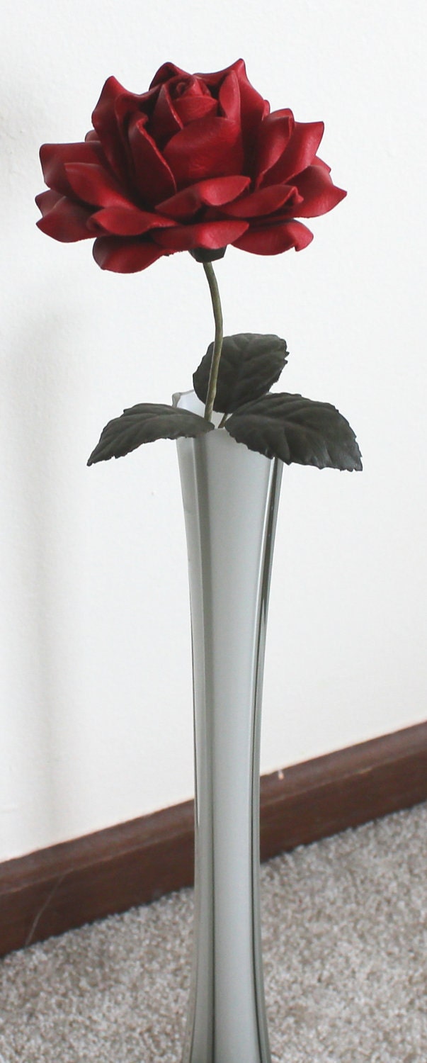 Red Leather Rose Large Third Wedding Anniversary Gift Long Stem Leather Rose Flower Valentine's Day 3rd Leather Anniversary