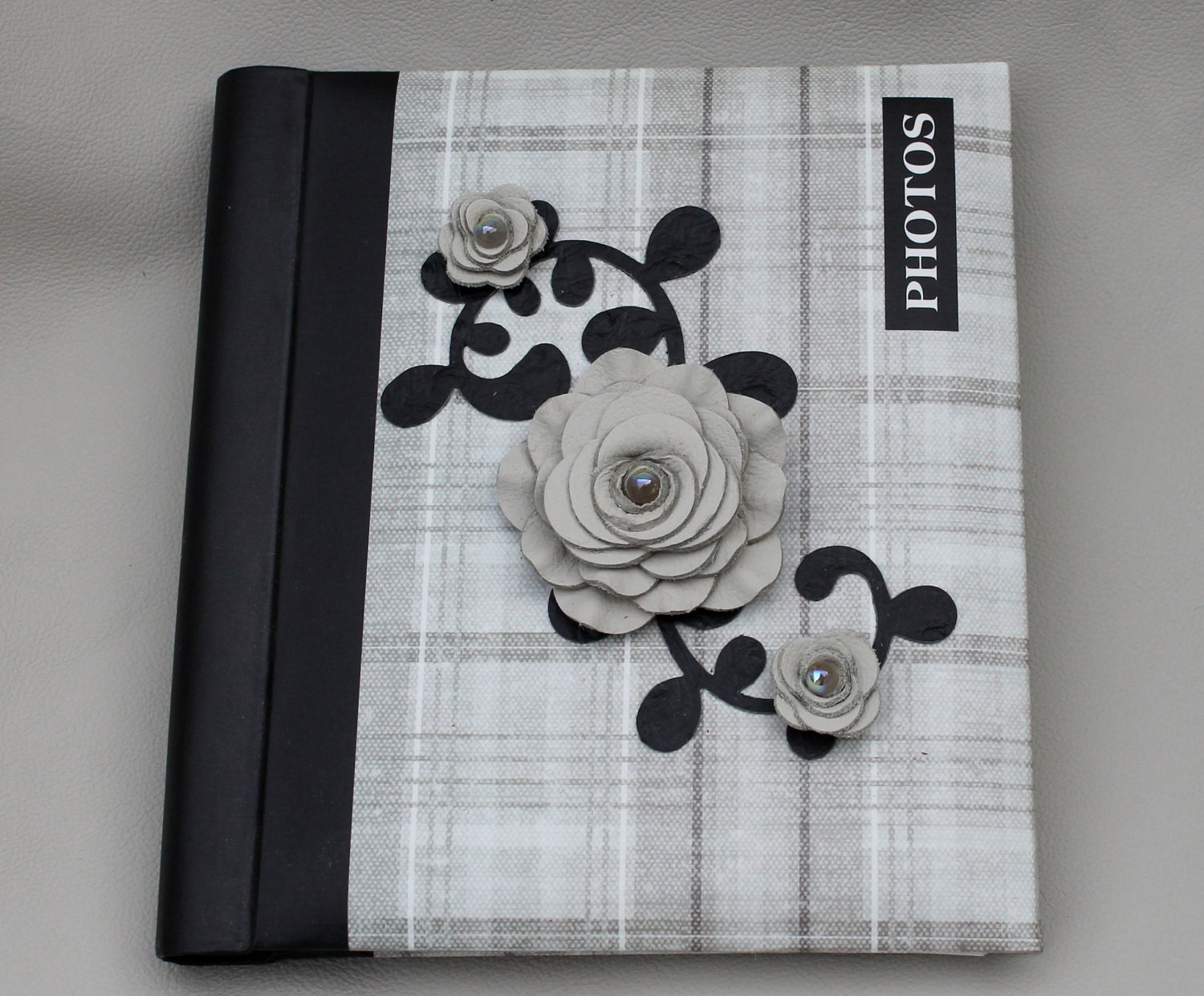 Plaid Grey/White Photo Album With Grey Leather Roses and Black Leaves 3 year anniversary gift