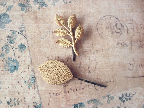 Dryad III - Gold Leaf Branch Bobby Pin Leaf Hair Accessories Rustic Woodland Wedding Hair Accessories Cute Adorable Elegant Whimsical Dreamy