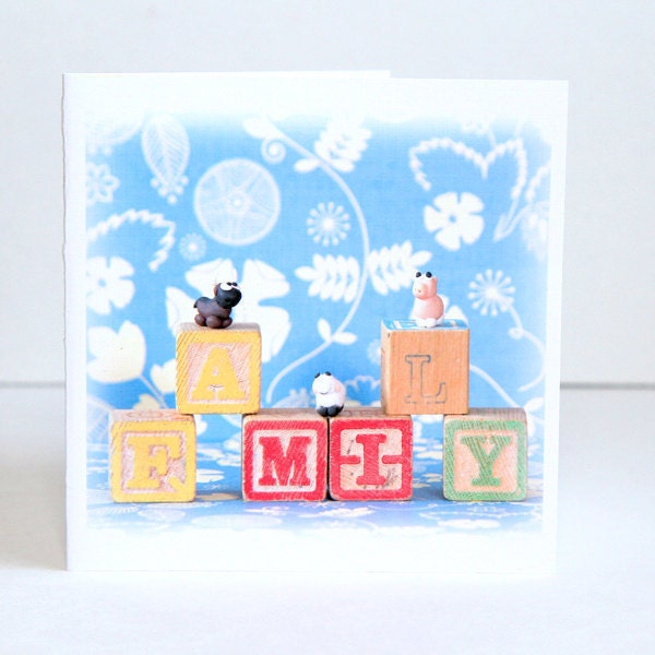 Cute Animals, Toy Blocks, Square Greeting Card, Photo Note Card, Blank Inside, Quirky Family