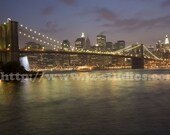 Manhattan at Night Photograph, Night Photography Print, Purple Twilight Twinkling New York City Skyline, Brooklyn Bridge