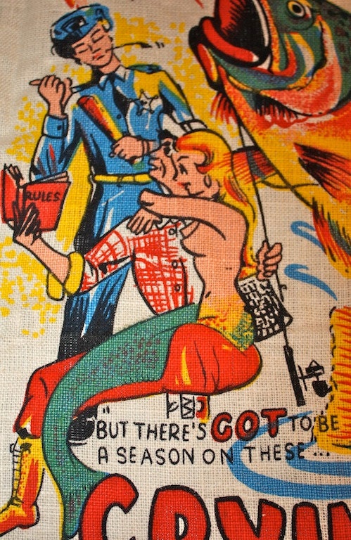 Vibrant 1950s KITSCH Linen Tea Towel with Cheeky Cartoons and PIN UP Mermaid