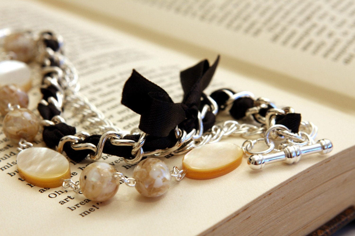 Beige Mother of Pearls and Black Ribbon Bracelet