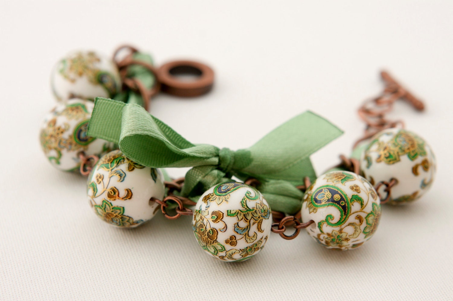 Japanese Beads and Green Ribbon Bracelet